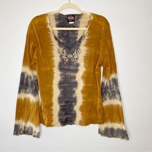 Harley-Davidson Y2K Tie Dye Butterfly Long Sleeve Top Brown Gray Large